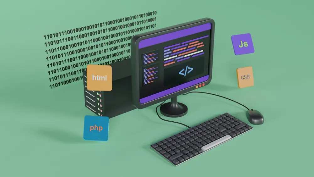 Illustration of a developer workstation with monitor displaying code, keyboard, and mouse